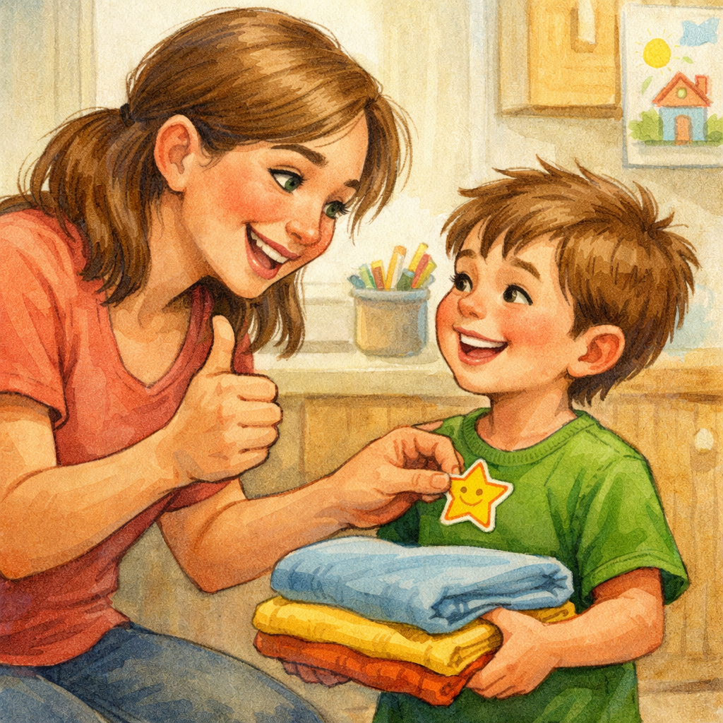 A parent praising their child with a smile and a sticker after completing a simple task, showing positive reinforcement.