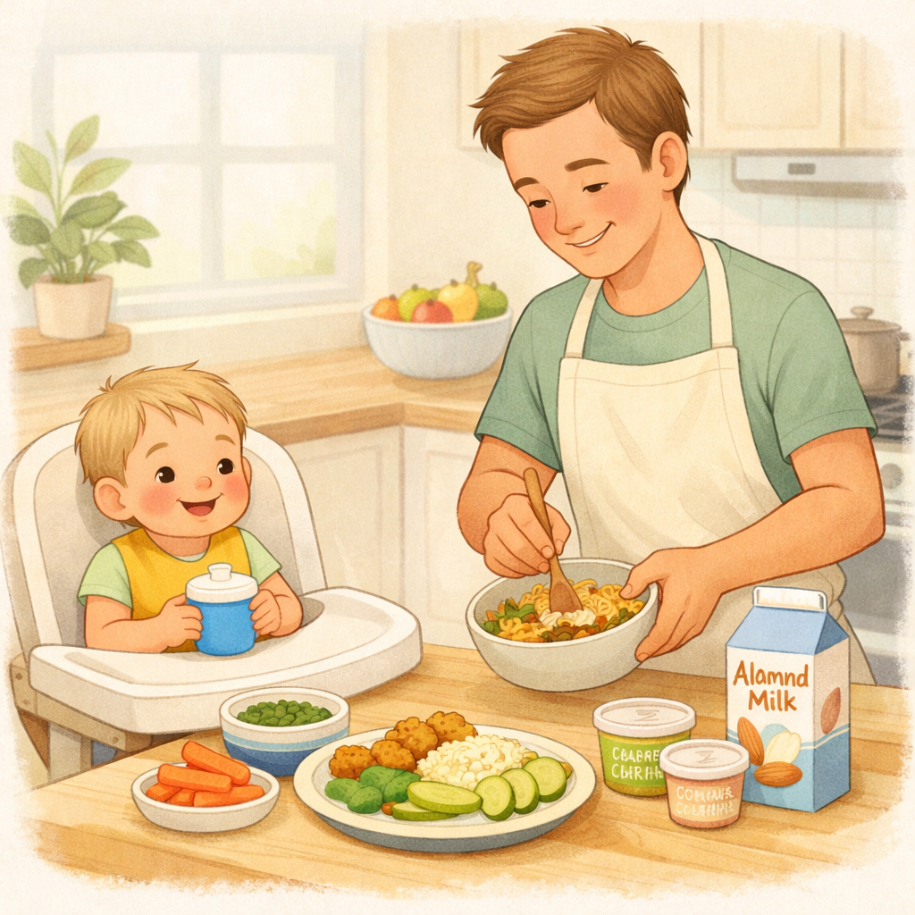 Parent preparing a dairy-free meal for a toddler in a clean kitchen environment.