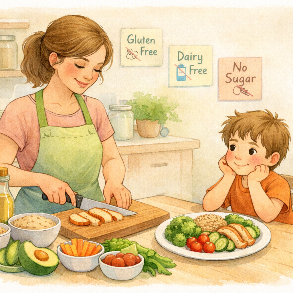 Parent preparing a gluten, dairy, and sugar-free meal with fresh vegetables, lean protein, and whole foods for a child with ADHD.
