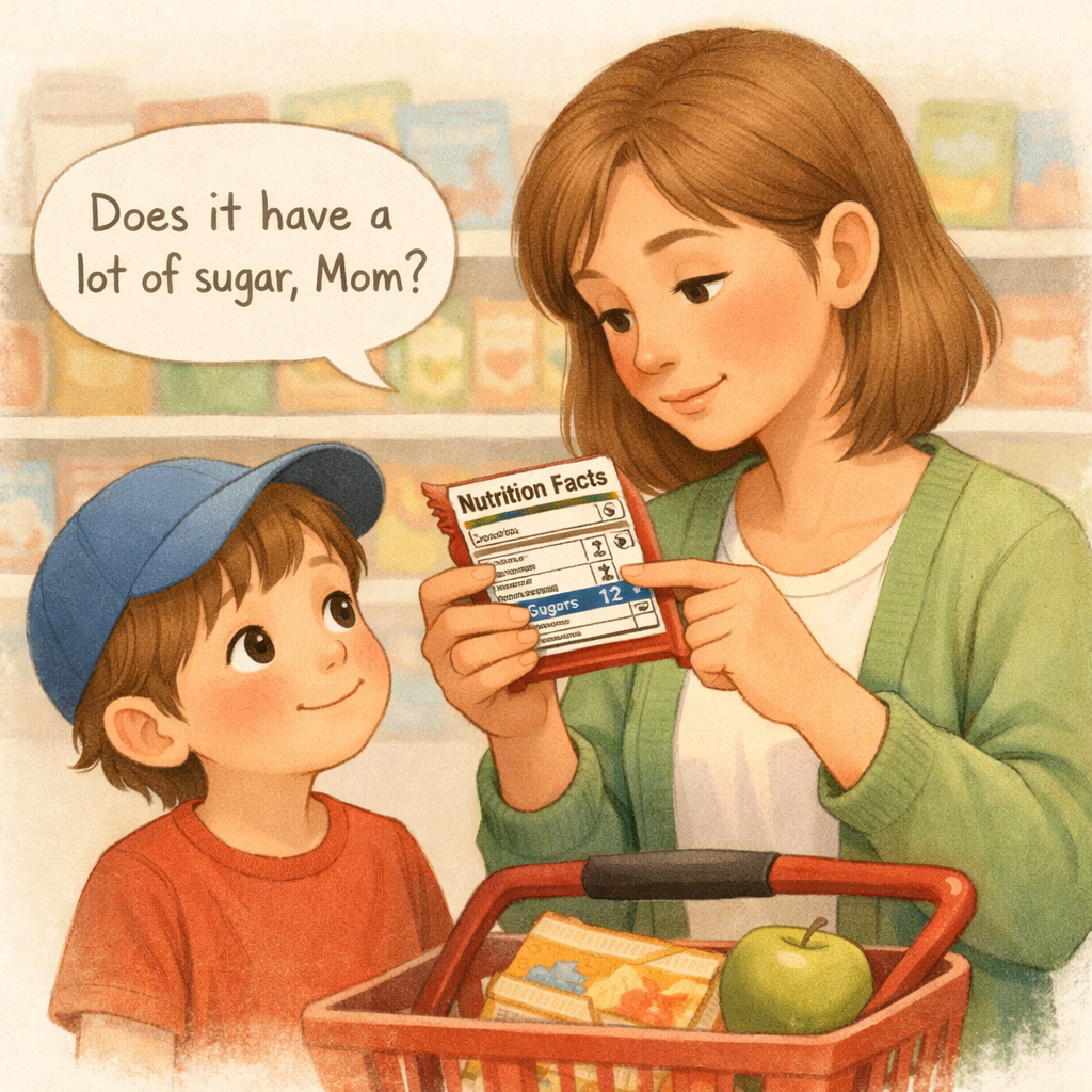 Parent reading a nutrition label to check sugar content before giving a snack to a child.