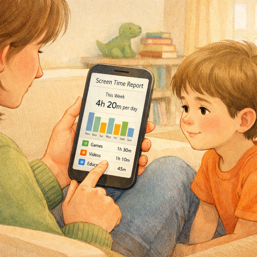 A parent reviewing weekly screen time reports on a smartphone while sitting with their child.