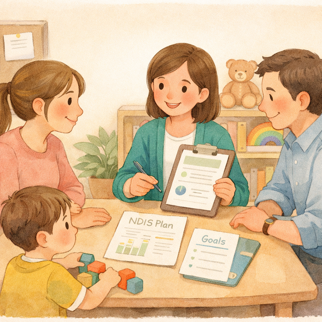 Parent and practitioner collaborating on early intervention strategies for a child in an NDIS program.