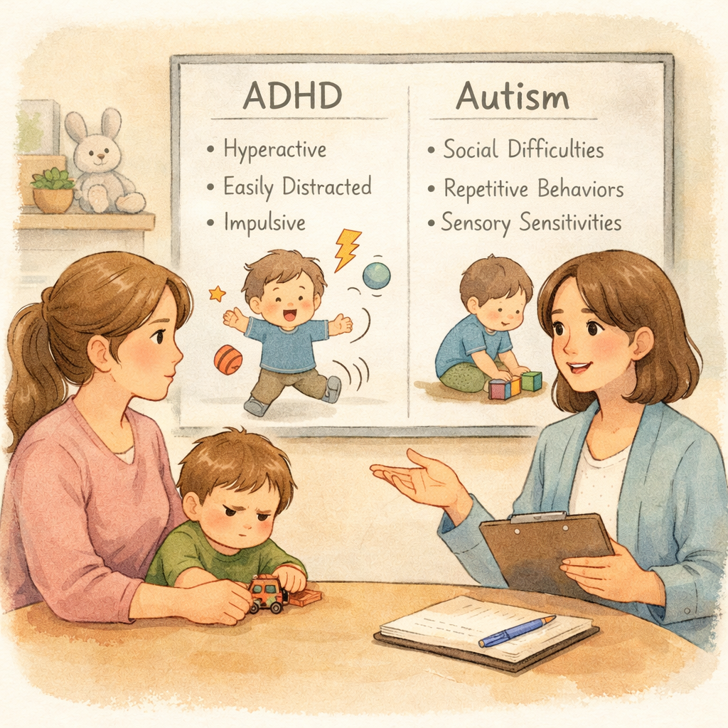 Parent and teacher discussing a child’s attention span and impulsivity during a meeting.