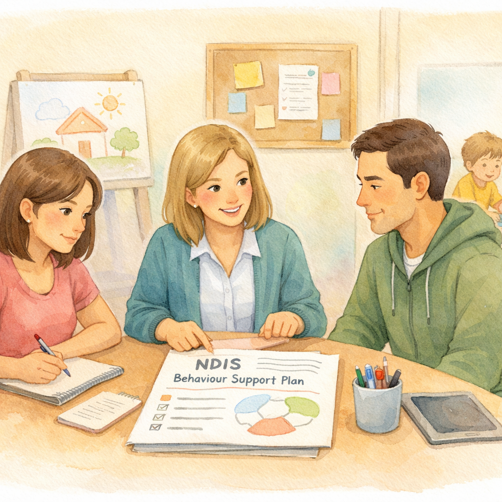 Support worker and Behaviour Support Practitioner collaborating to create strategies that encourage independence and positive daily routines.