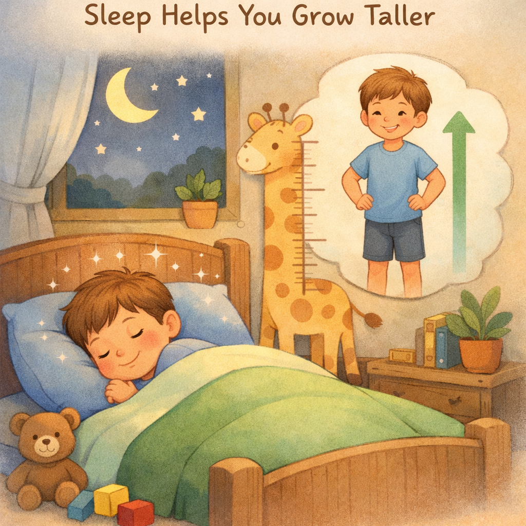Peaceful bedroom scene with captions illustrating how adequate sleep helps children grow taller, stronger, and healthier.