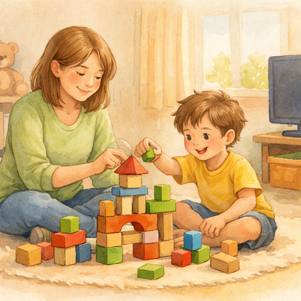Parent and child engaging in play therapy, replacing screen time with hands-on activities like building blocks.