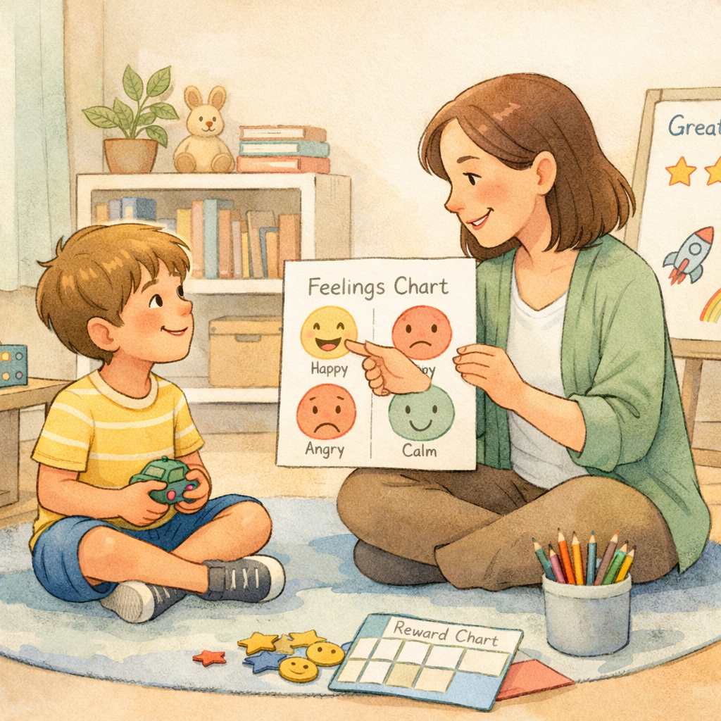 eacher using a visual schedule with a student in the classroom, providing clear expectations and positive behavior support.
