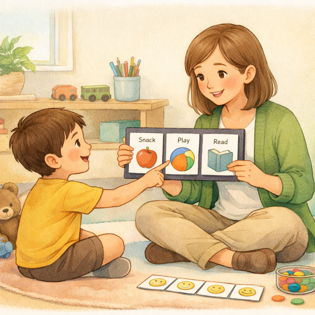 Therapist using positive behaviour support strategies during an NDIS-funded session with a child.