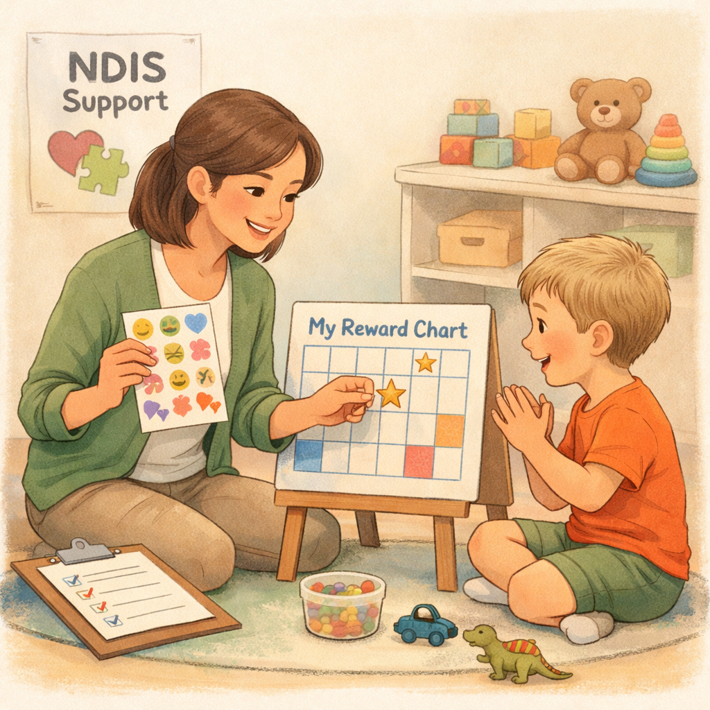 Positive Behaviour Support Session with Therapist and Reinforcement Techniques.