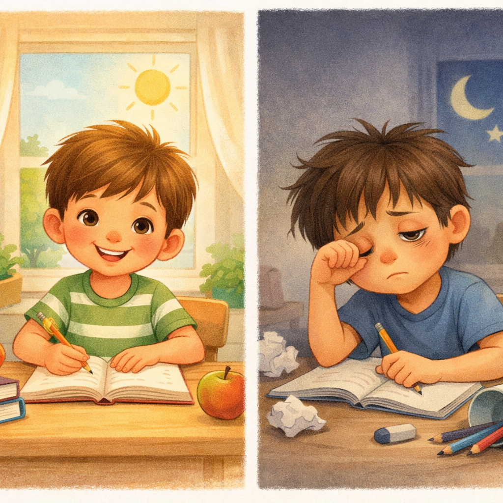A visual comparison of a well-rested child versus a sleep-deprived child struggling to focus.
