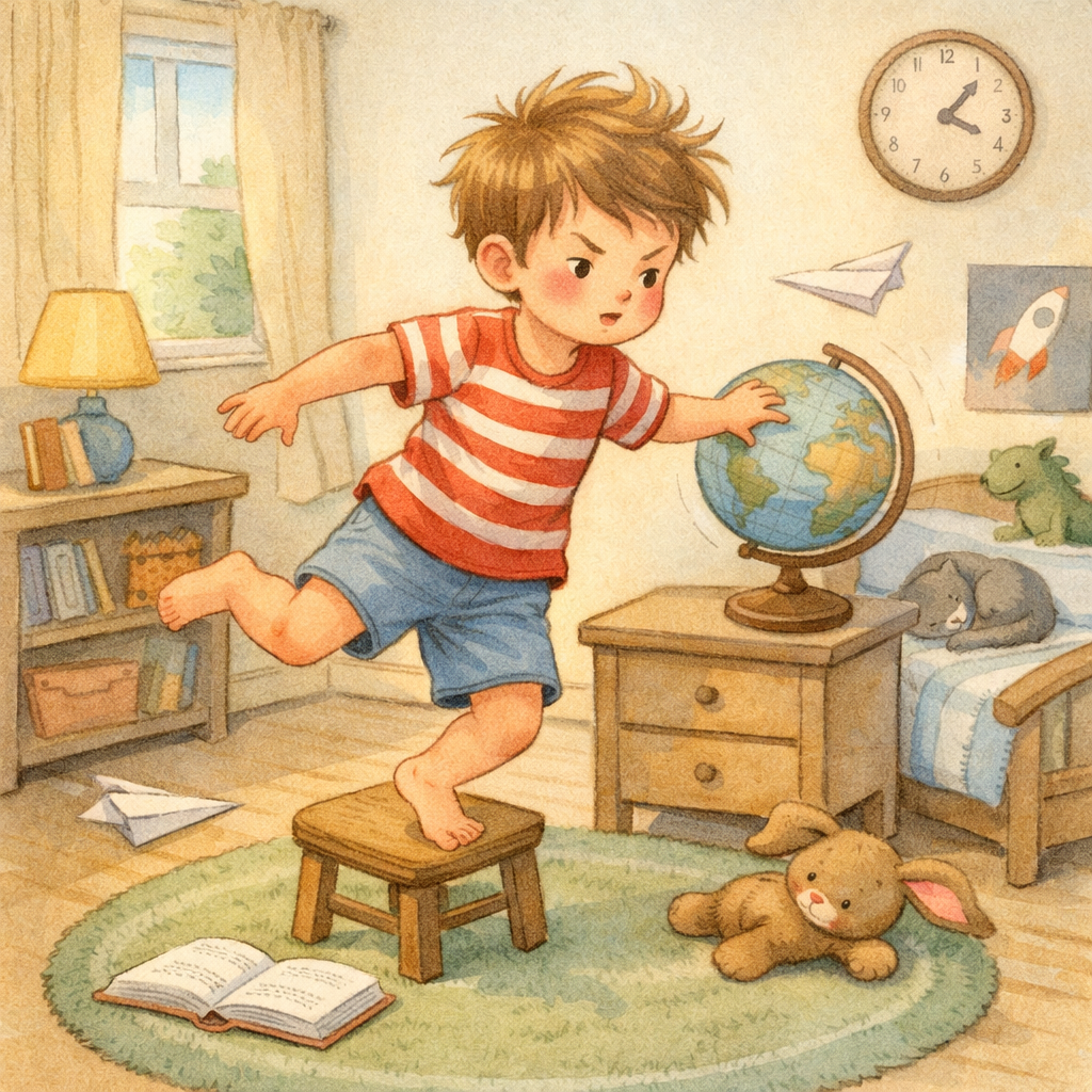 Child appearing restless and moving around the room during quiet time.