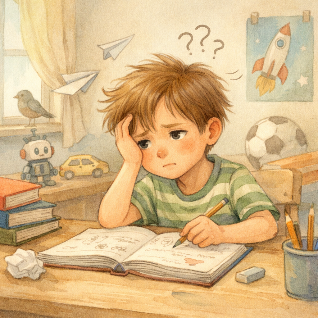 A child appearing restless and unable to focus while doing homework.