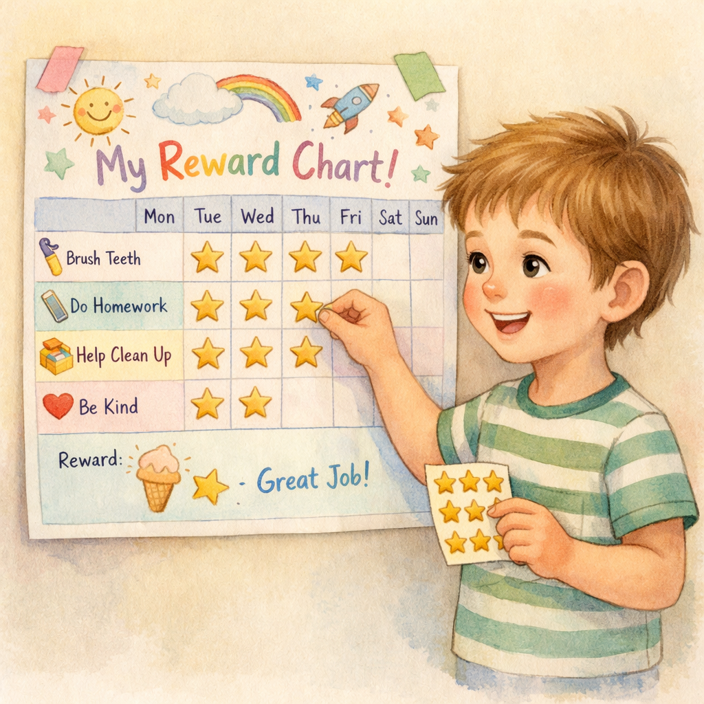 A child receiving praise and a small reward after correctly completing a task, illustrating positive reinforcement in ABA therapy.
