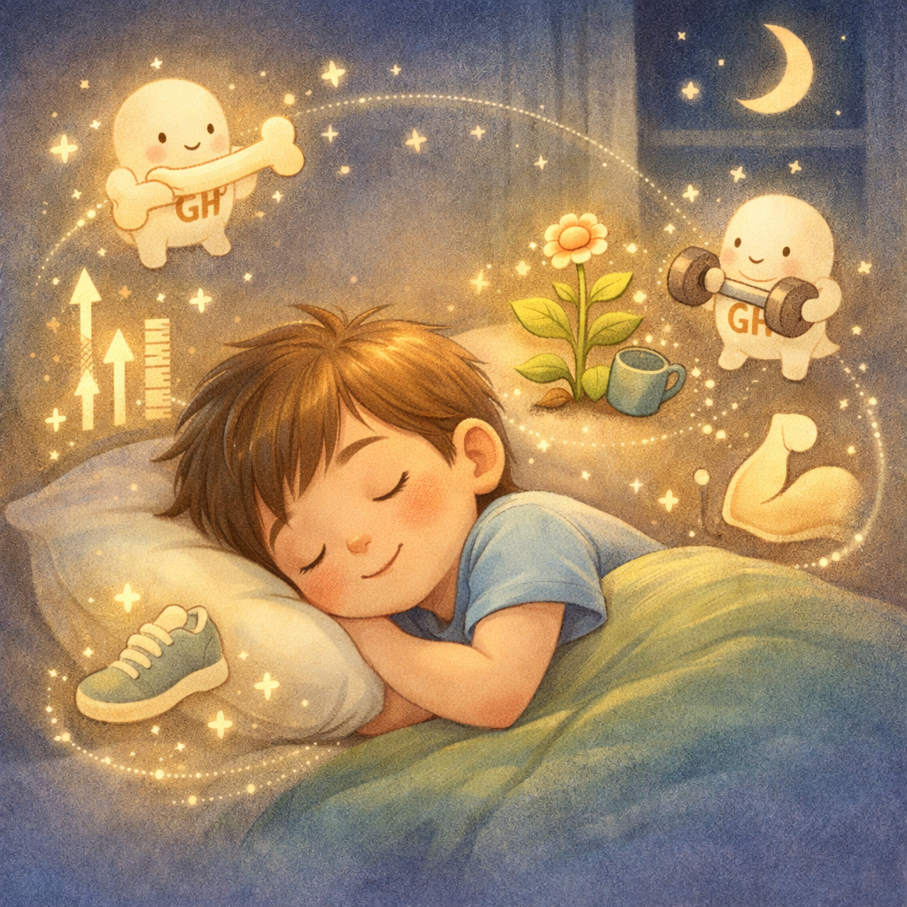 A sleeping child with a visual concept of growth hormones supporting body development overnight.