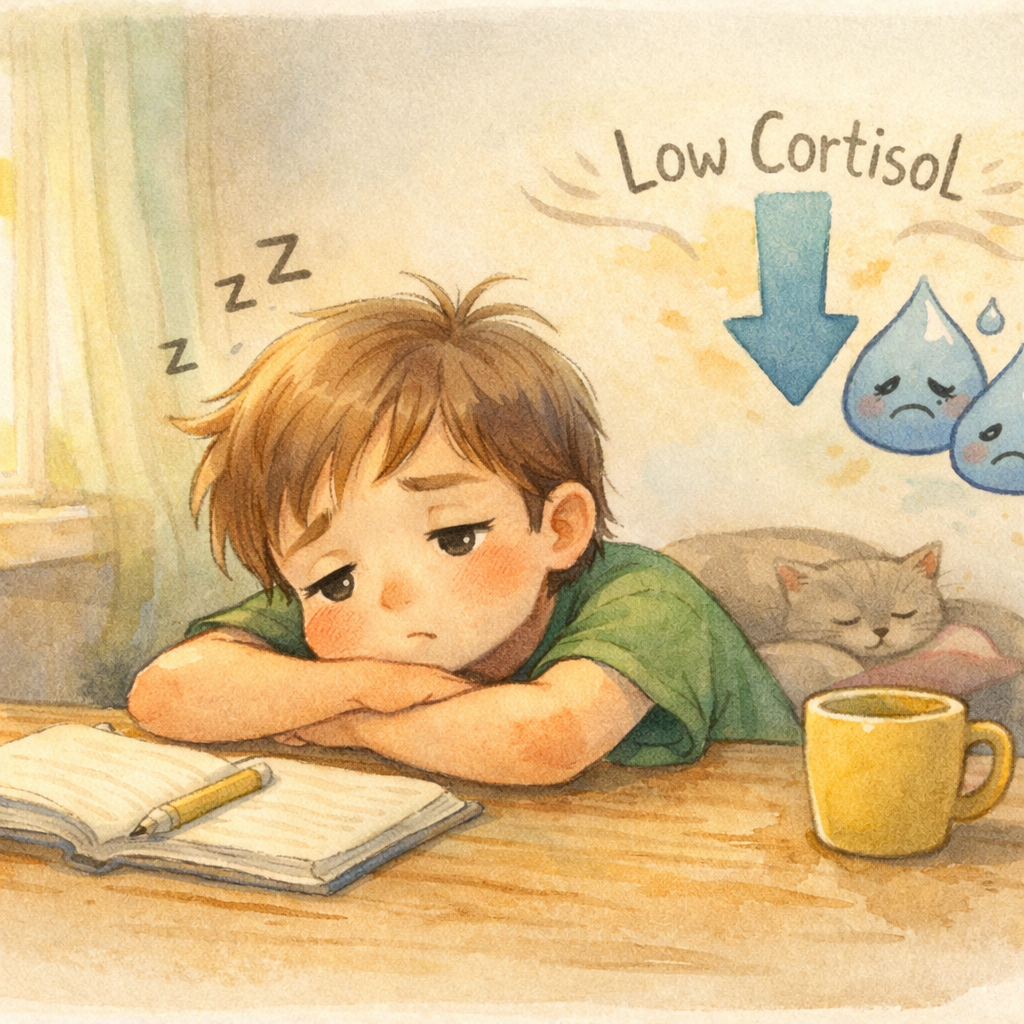 A child appearing sluggish and sleepy during the day, with visuals indicating reduced cortisol.