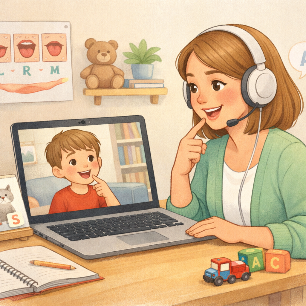 Speech therapist conducting an online session with a child via video call.