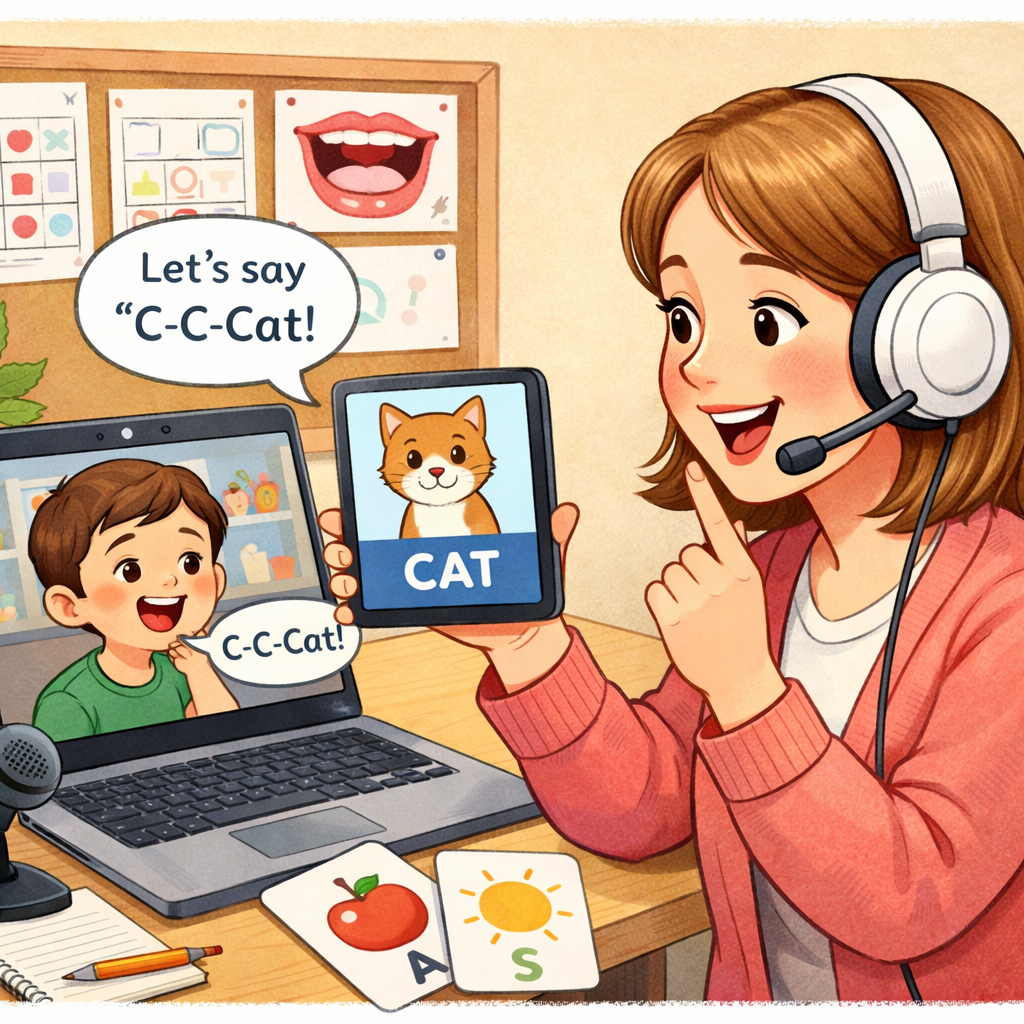 A speech therapist conducting a virtual session with a child over video call, using digital flashcards for pronunciation practice.