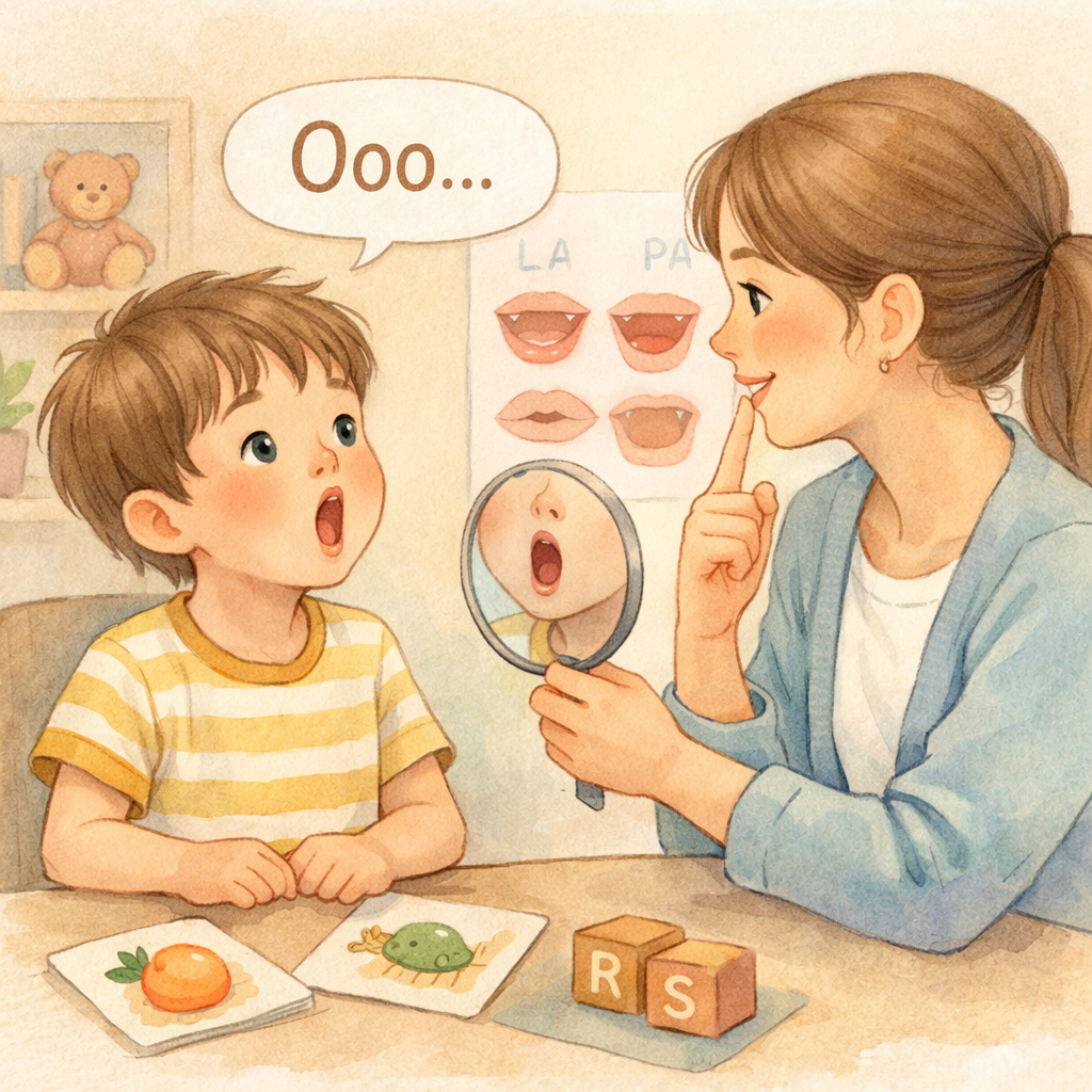 Close-up of a speech-language pathologist demonstrating mouth and tongue placement exercises to improve speech articulation.