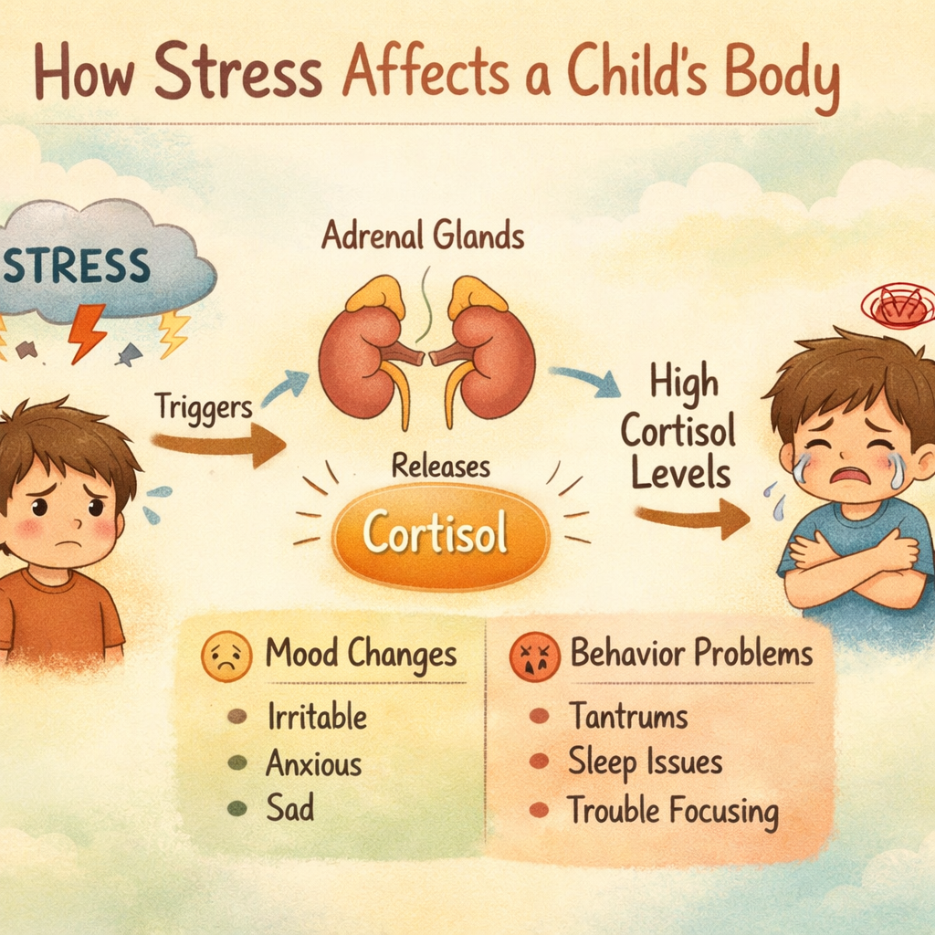 Infographic illustrating cortisol levels in children throughout the day, showing higher levels in the morning and lower at night.