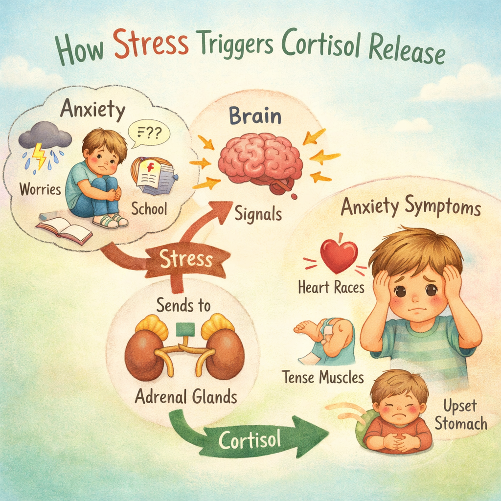 Infographic illustrating the relationship between cortisol levels, the brain, and the body's stress response, with a focus on autism and sensory or emotional regulation.