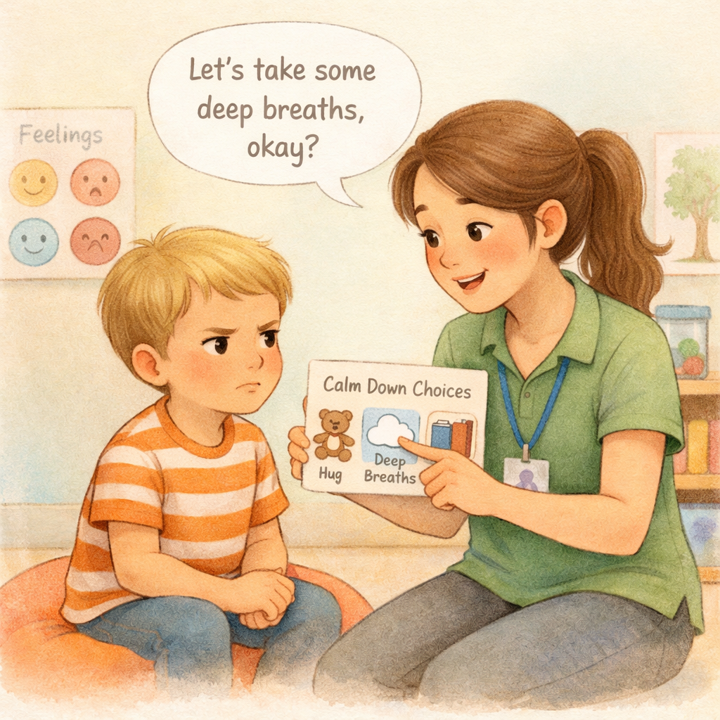 Support worker implementing strategies from a behaviour support plan during a session.