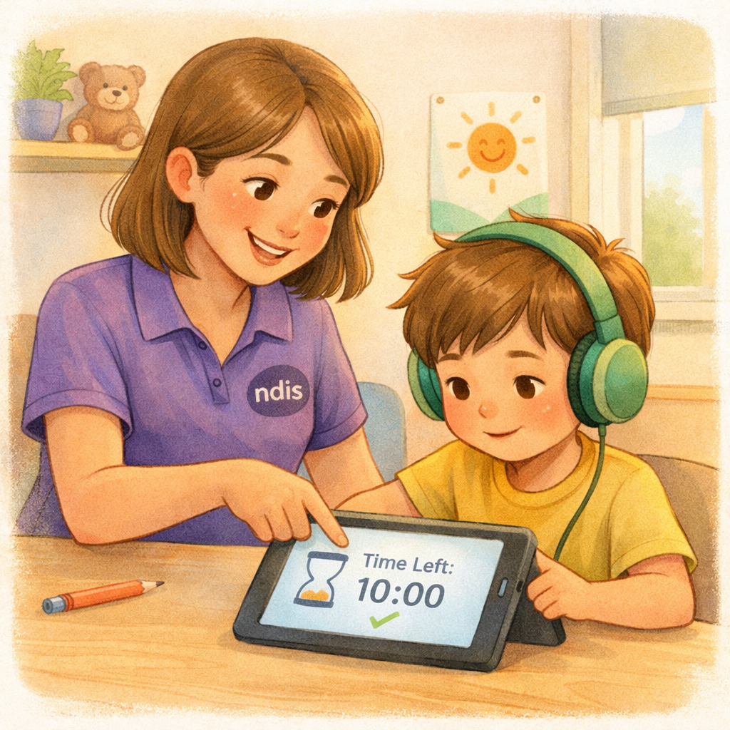 A support worker helping a child use a tablet with guided screen time limits under an NDIS plan.
