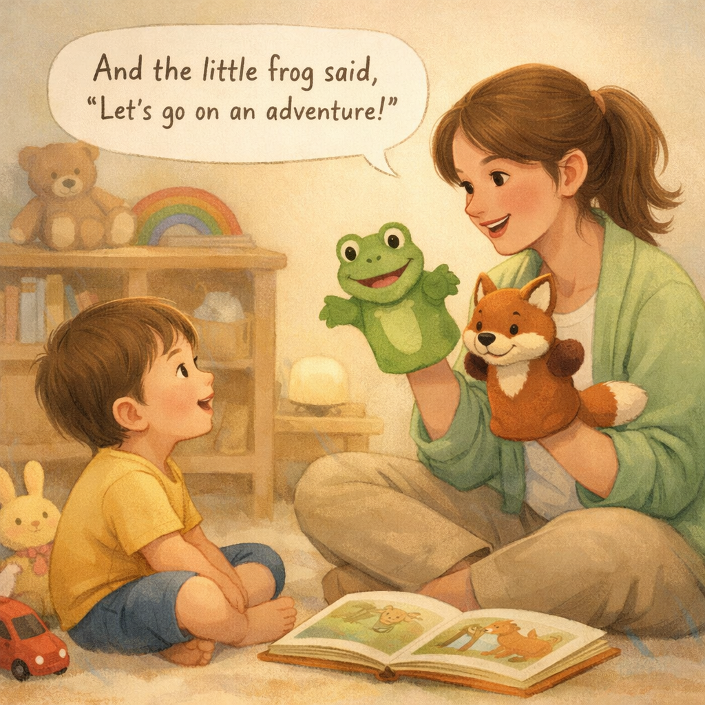 A therapist using storytelling and puppets to engage a toddler previously dependent on screens.