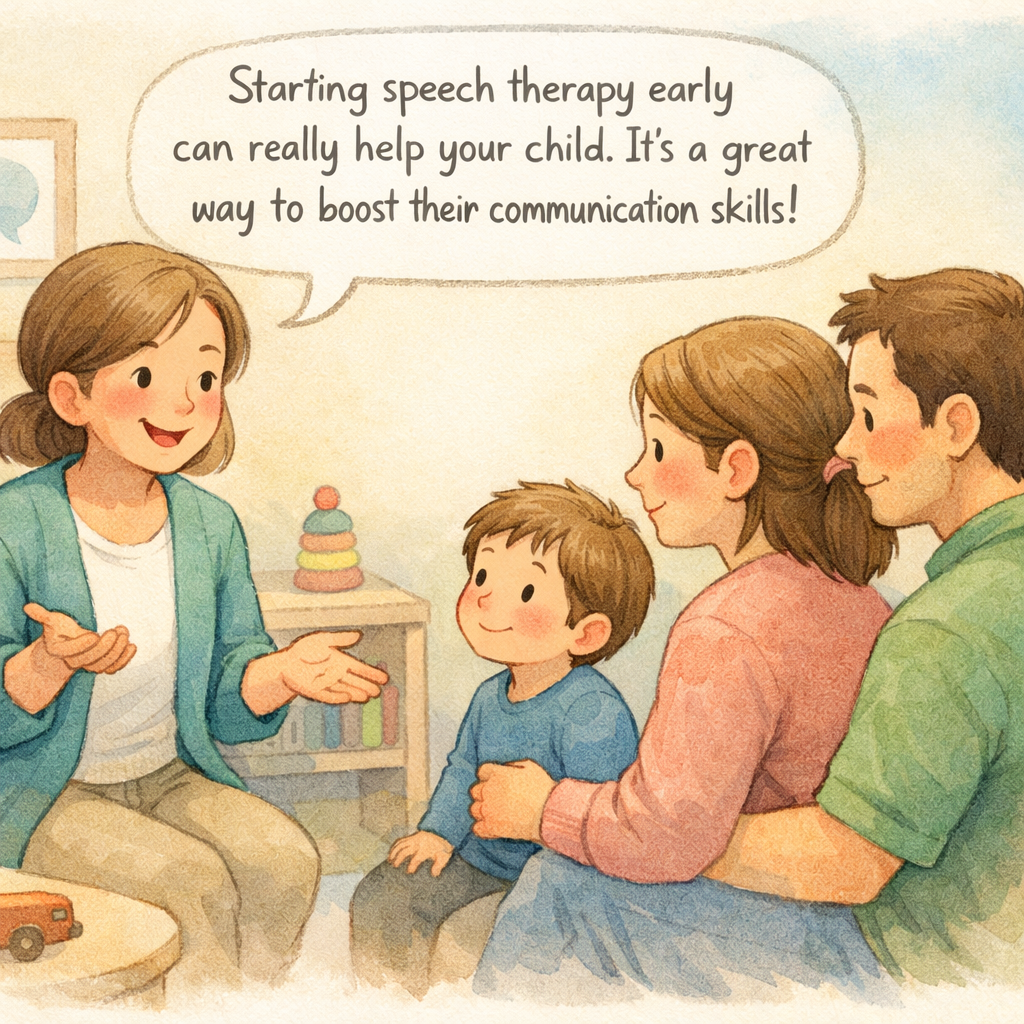 A supportive session where a therapist reassures parents about the benefits of starting speech therapy early.