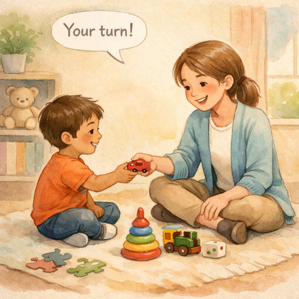 A therapist sitting on the floor with a young child, using toys to teach turn-taking and positive interaction.