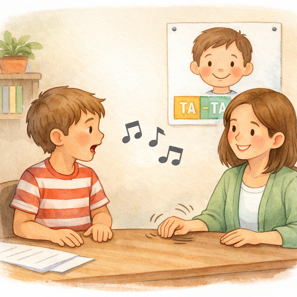 Close-up of a person practicing breathing techniques to manage stuttering with support from a speech-language pathologist.