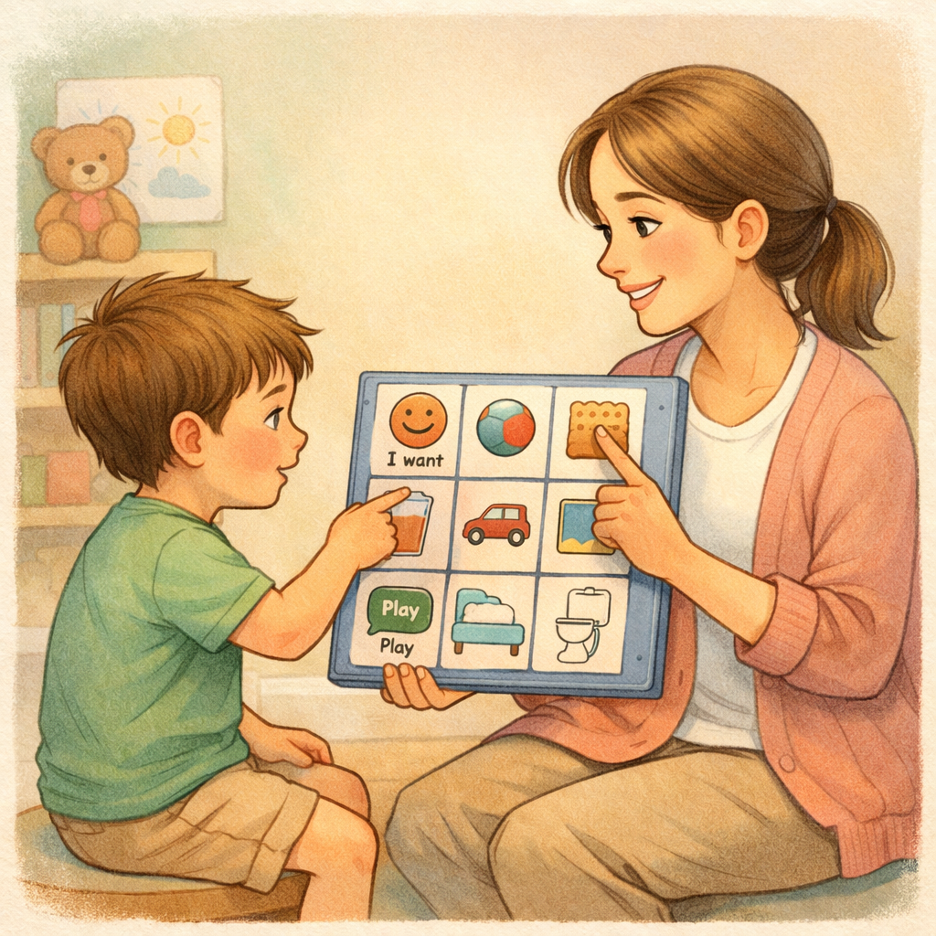 Therapist using visual aids to support communication skills for a child with developmental delay.