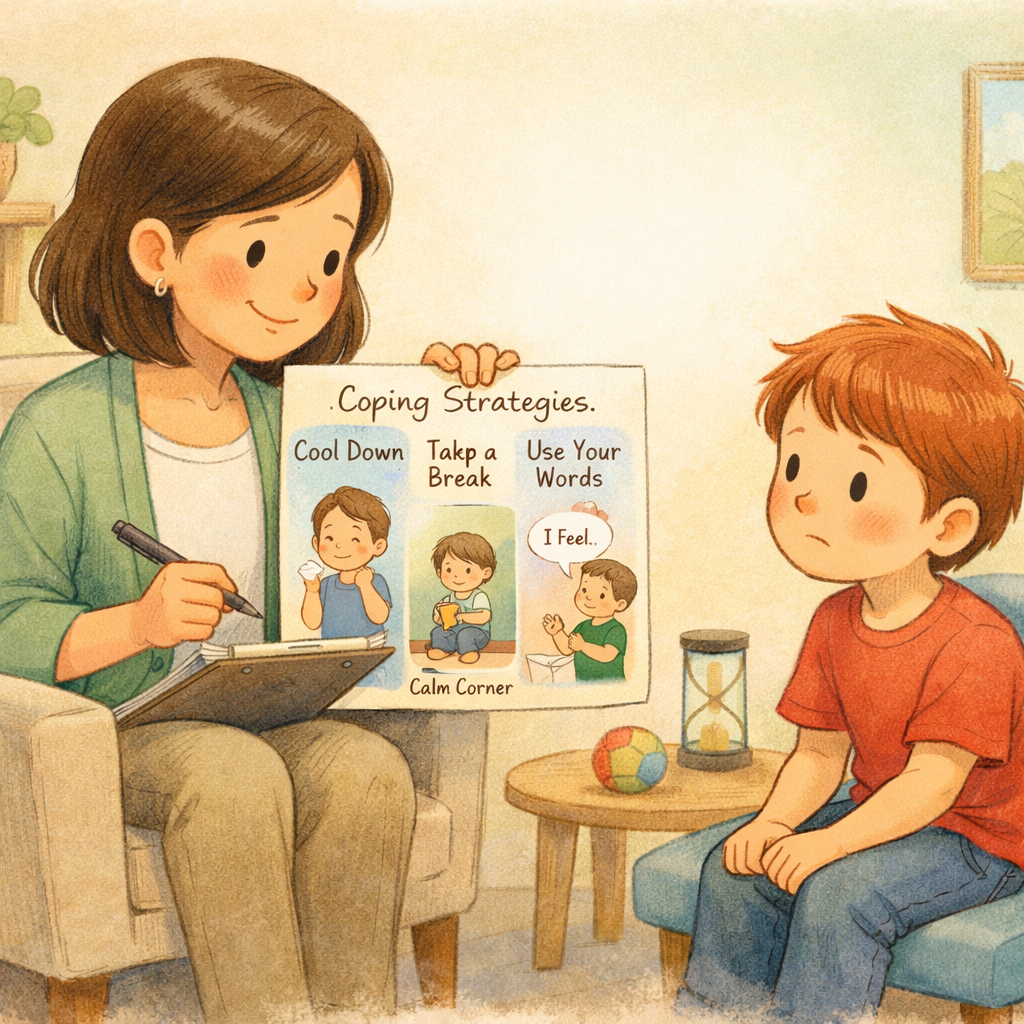 Therapist and client discussing coping strategies for handling anger in difficult situations.