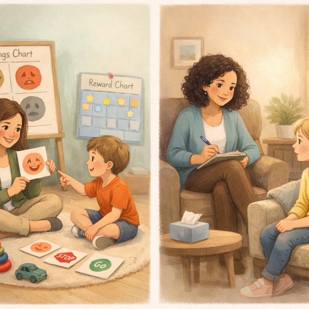 Therapist using positive reinforcement techniques to encourage desired behaviours in a structured therapy environment.