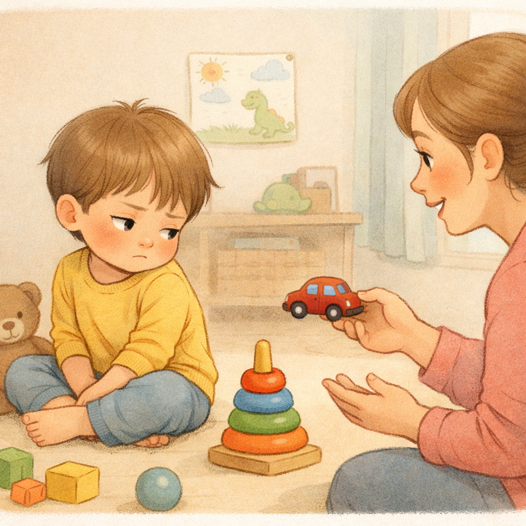 Toddler avoiding eye contact while a caregiver tries to engage them in play.