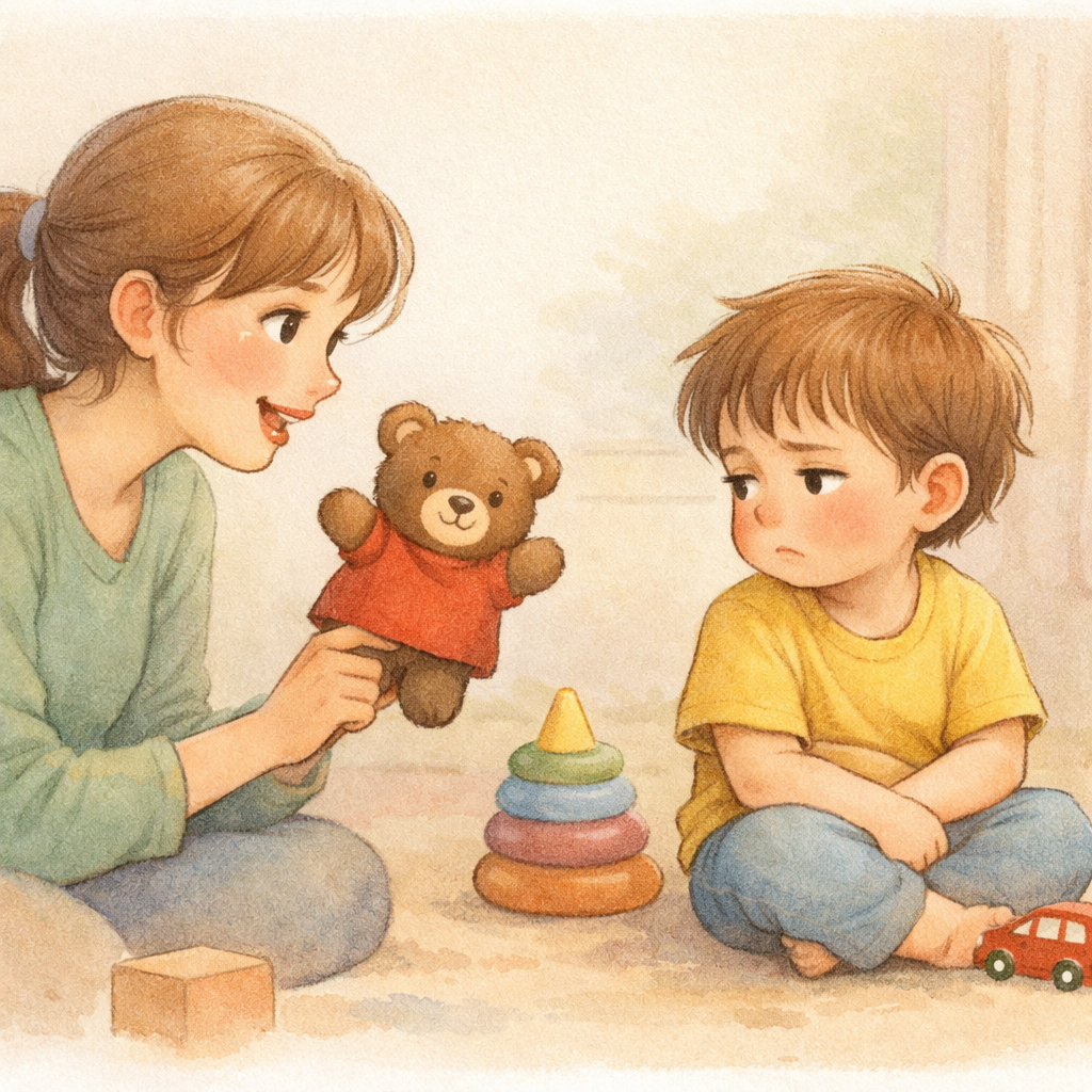 Toddler avoiding eye contact while a caregiver tries to engage them in play