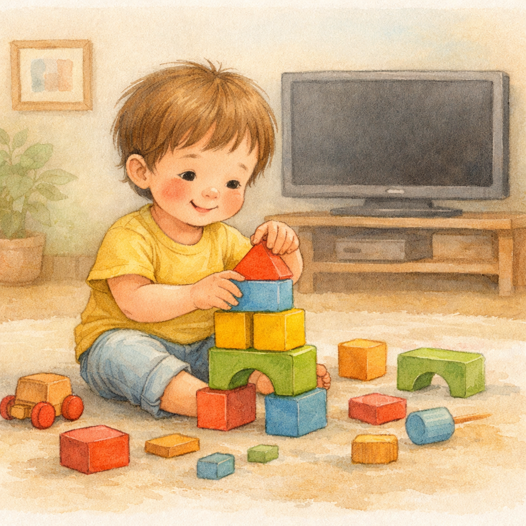A toddler playing with building blocks while a turned-off TV sits in the background.