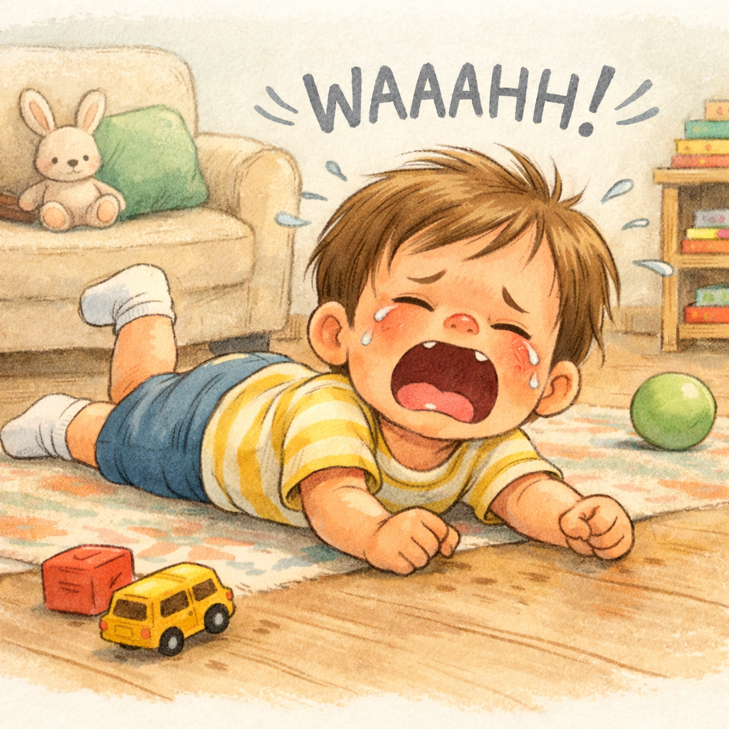 Toddler lying on the floor crying loudly during a temper tantrum in a living room.