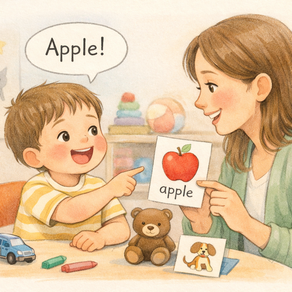 A toddler smiling while successfully naming objects with guidance from a speech-language pathologist.
