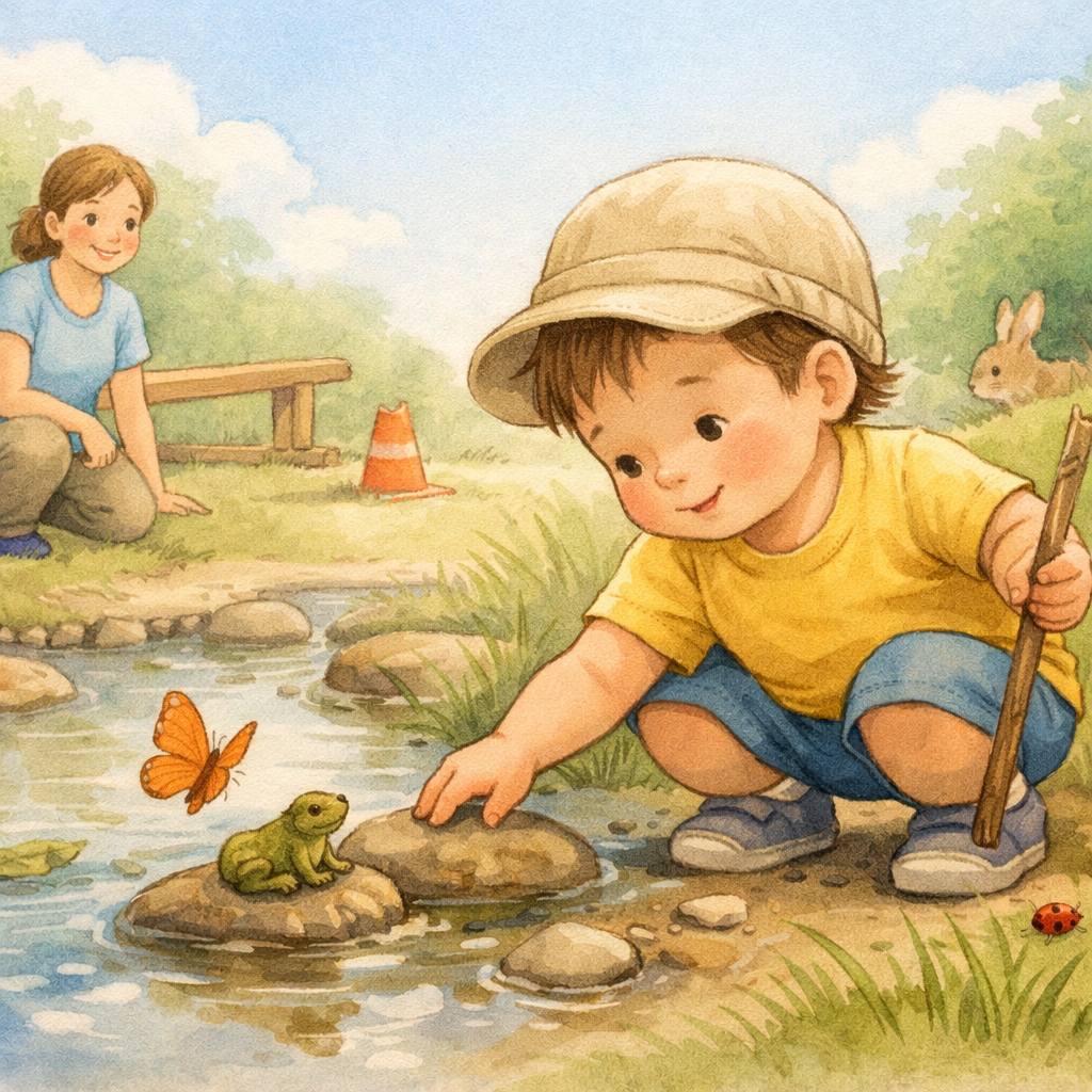 A toddler exploring outdoor play as part of therapy, emphasizing real-world interaction over screen use.