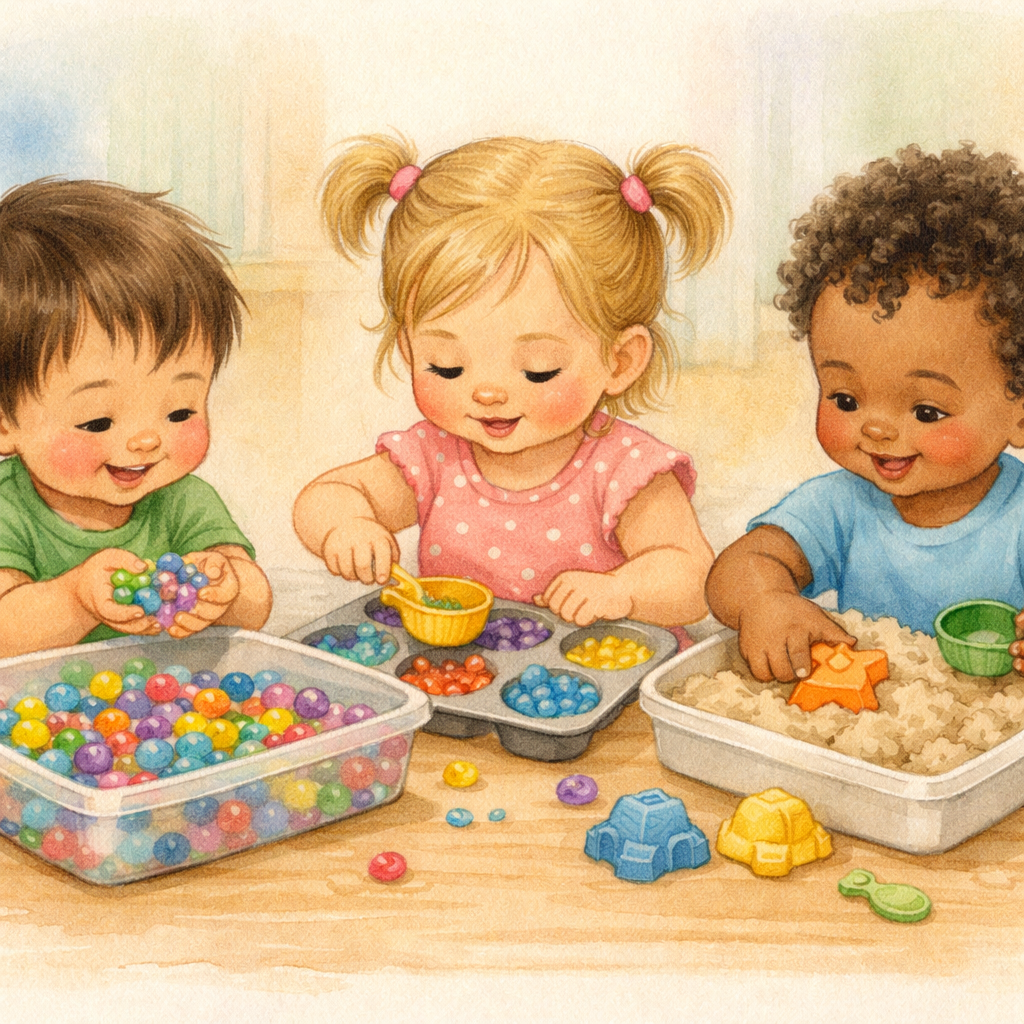 Group of toddlers engaging in sensory play with colorful materials.