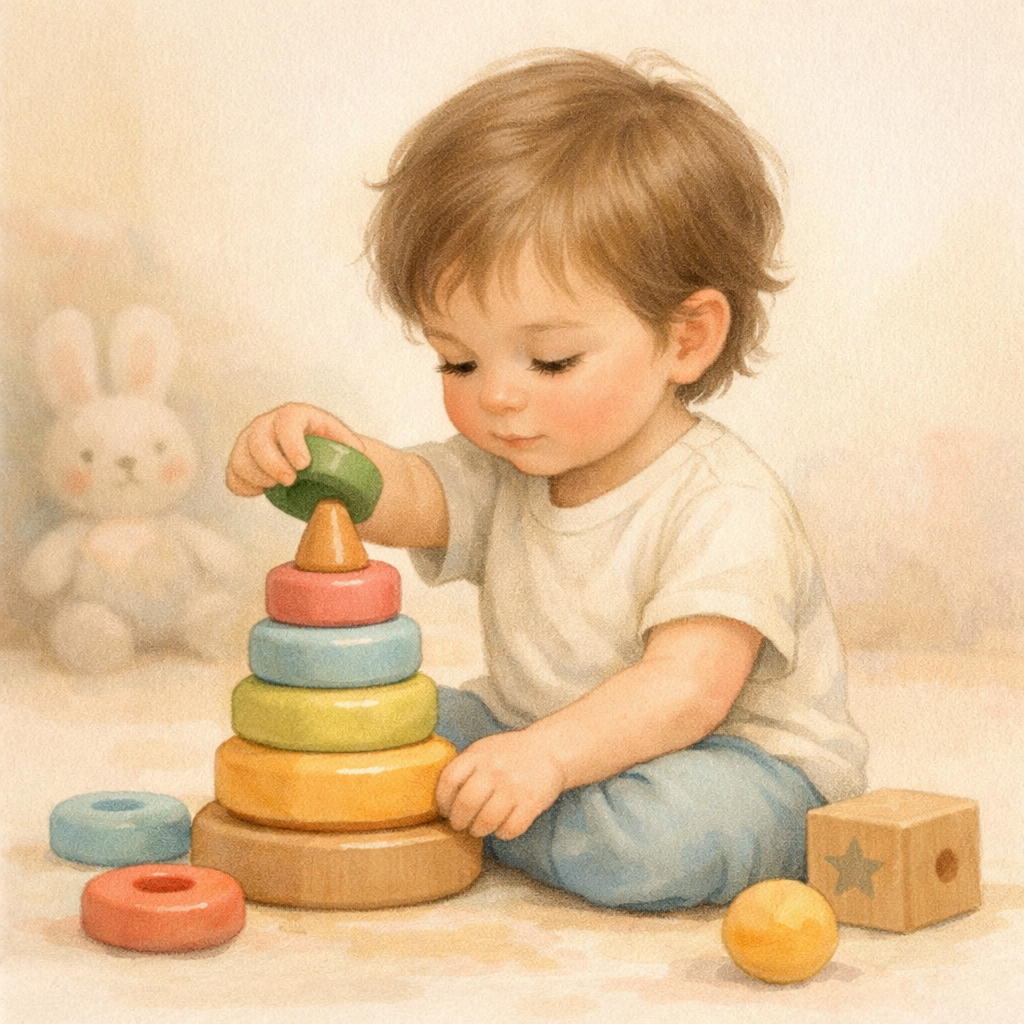 Toddler sitting quietly alone stacking toys repeatedly, showing focused and repetitive play behavior.