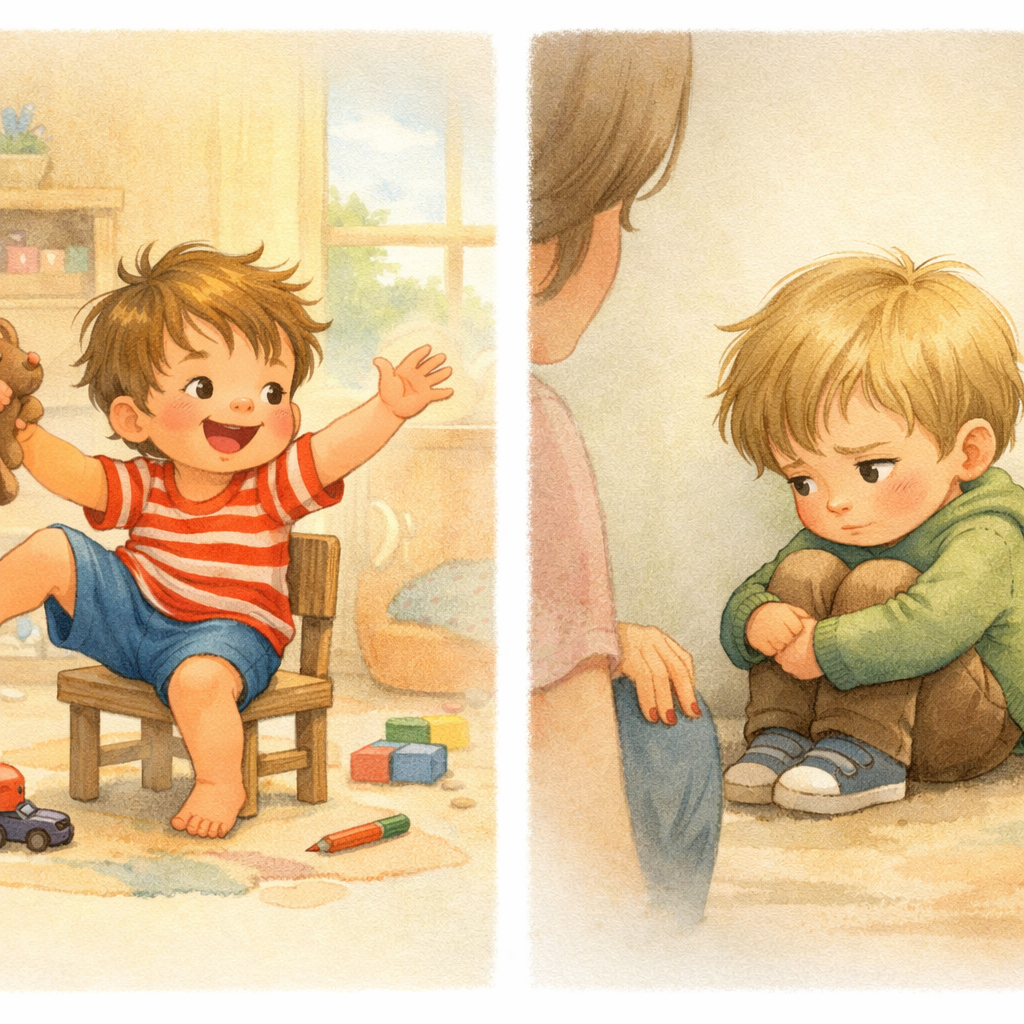 Side-by-side scene of a toddler struggling to sit still versus one avoiding eye contact.