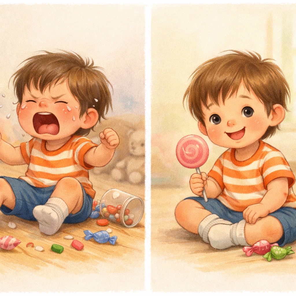 Toddler throwing a tantrum shortly after eating candy, showing mood swings.