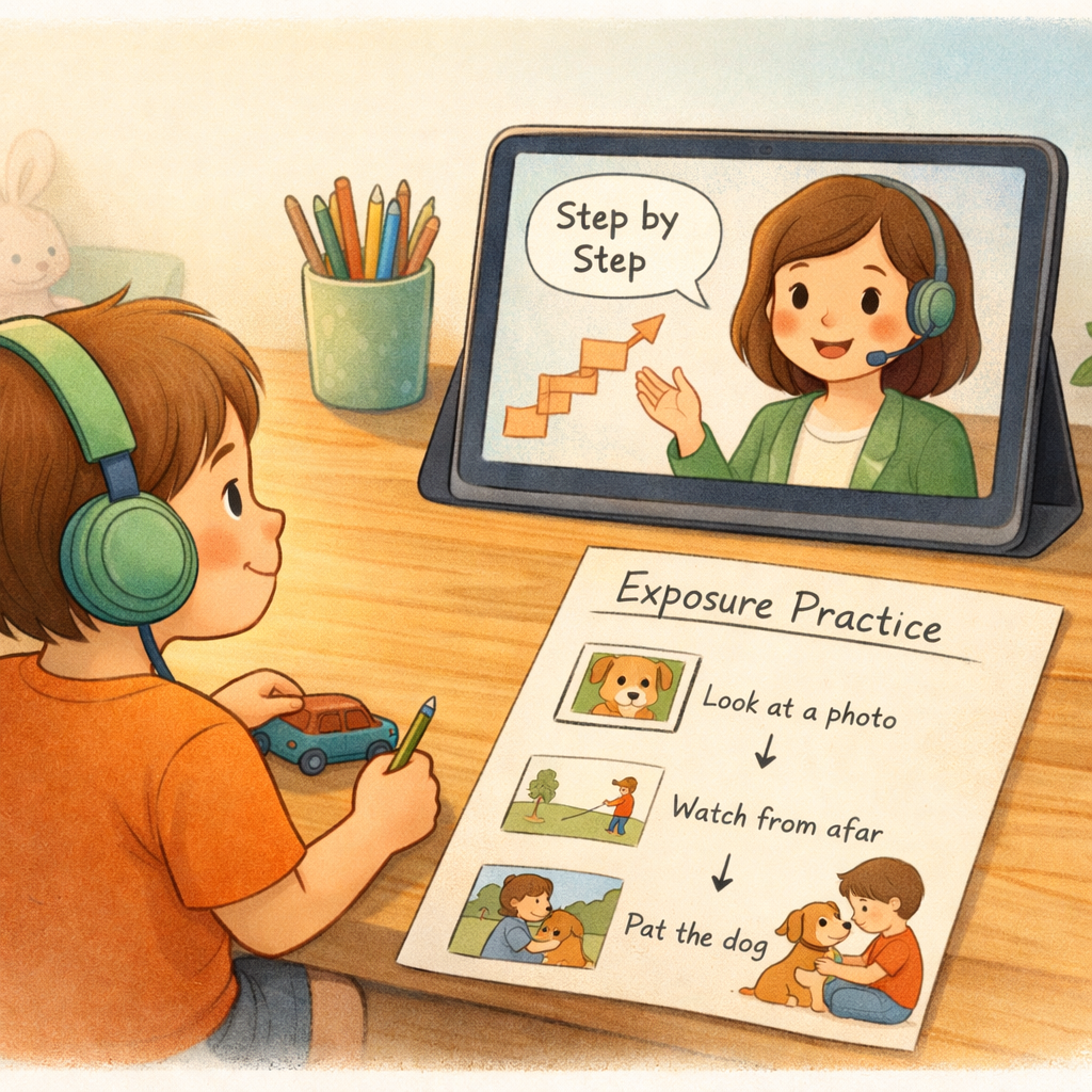 A person using a laptop during an online therapy session to manage anxiety symptoms.