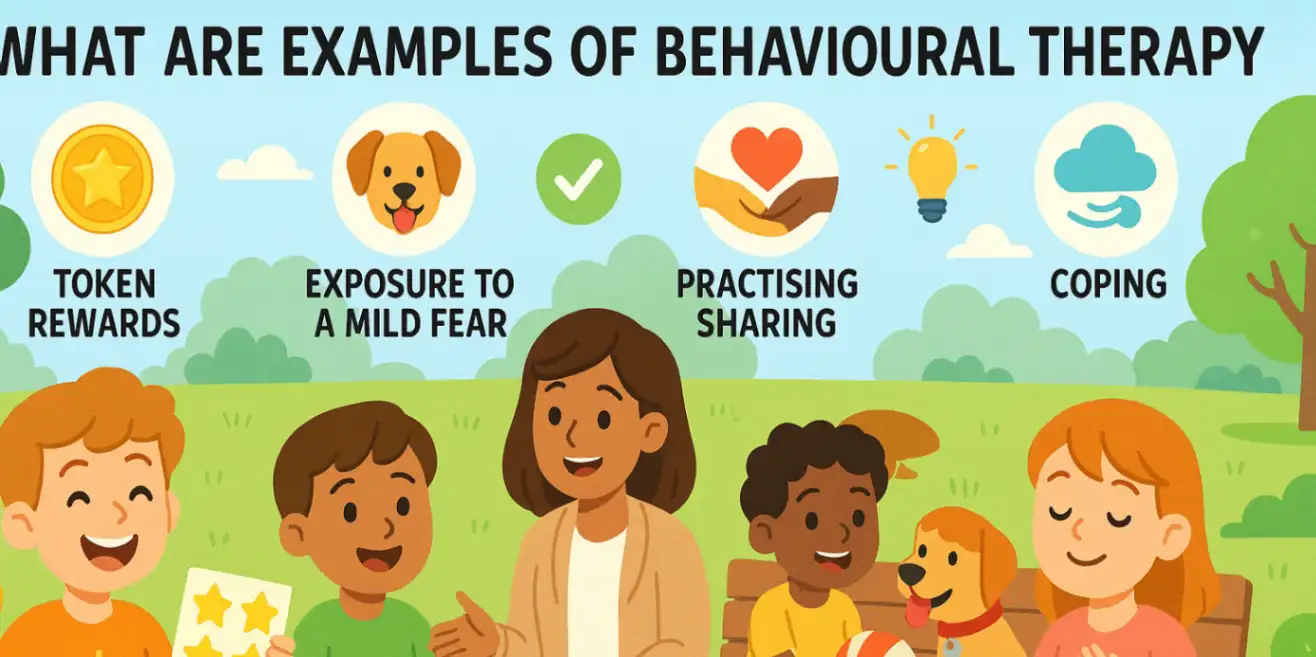 Bright illustration of kids and a therapist demonstrating behavioural therapy examples like exposure practice, positive reinforcement, and coping skills in an outdoor park.
