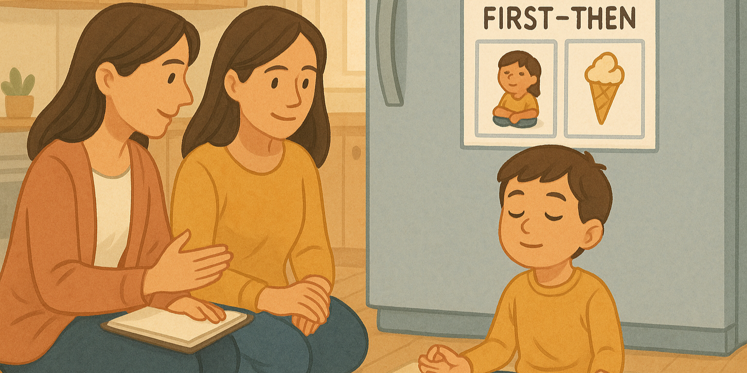 Digital illustration of a home therapy session with a therapist coaching a parent while a young boy sits cross-legged on a mat practicing a calm routine. A “FIRST–THEN” visual aid is displayed on the fridge. Warm natural lighting and soft, child-friendly tones.