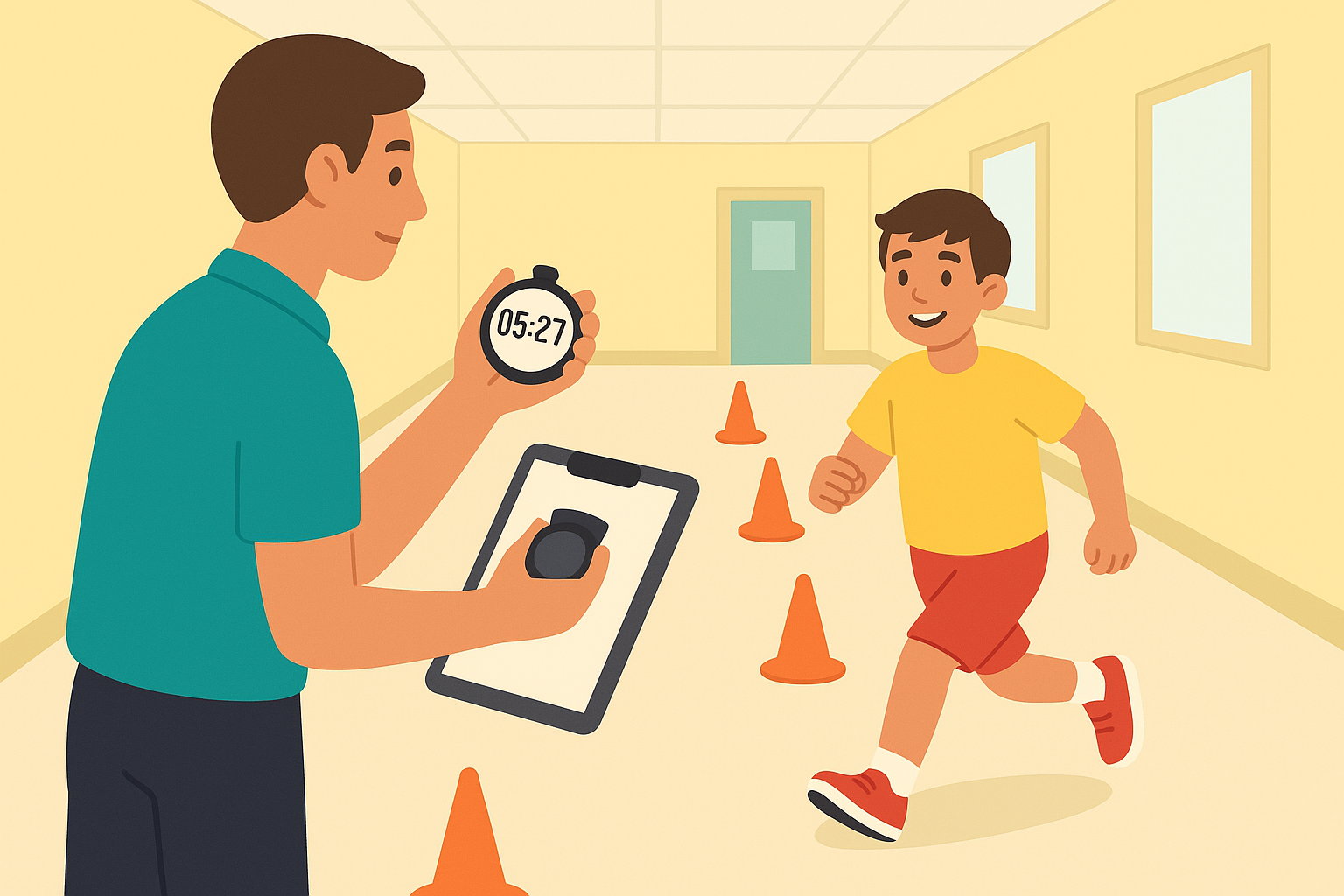 Exercise physiologist timing a child during a 6-minute walk test with cones in an indoor clinic corridor.