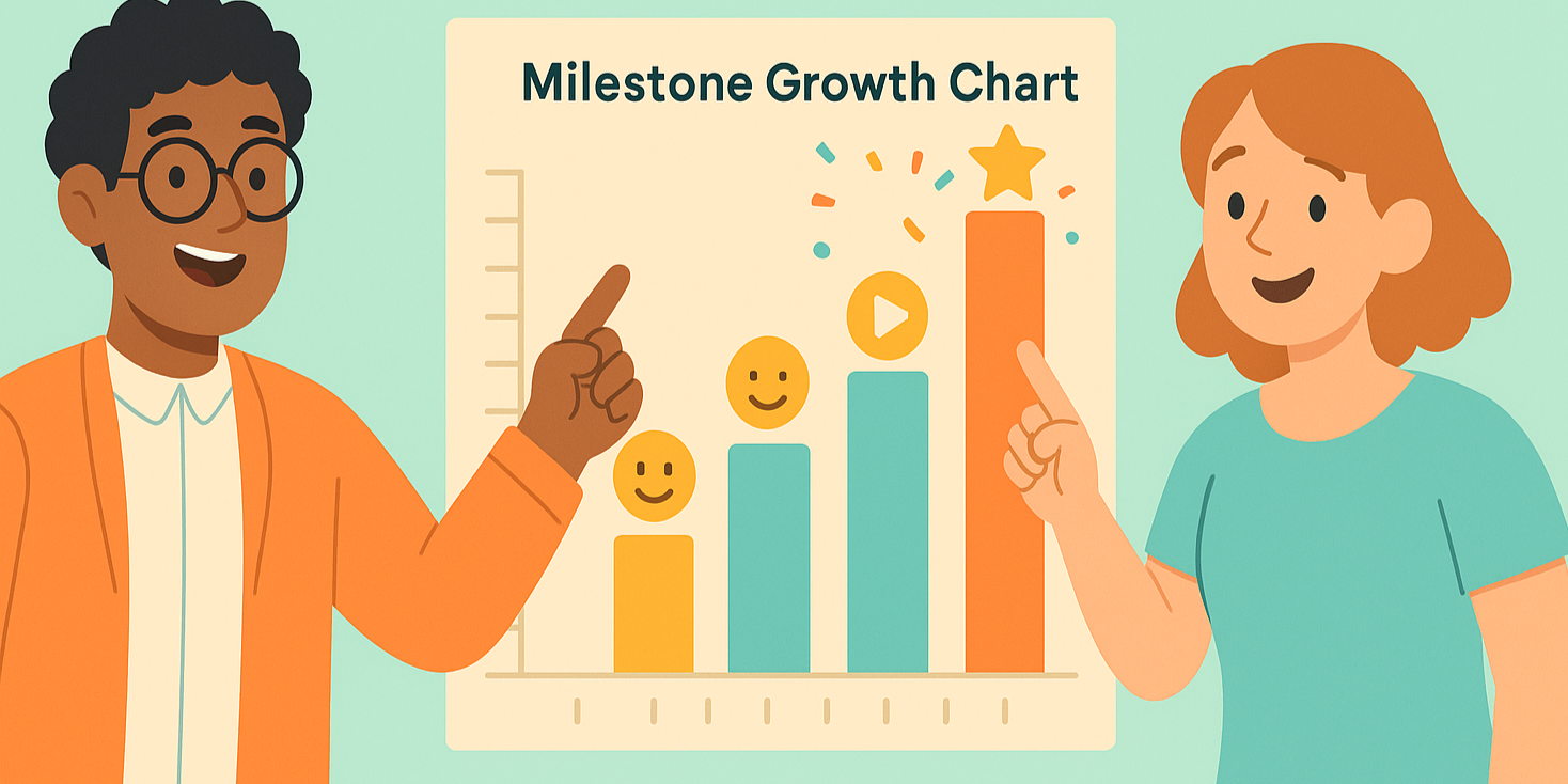 Therapist and parent pointing to a colourful milestone growth chart tracking a child’s behaviour progress.