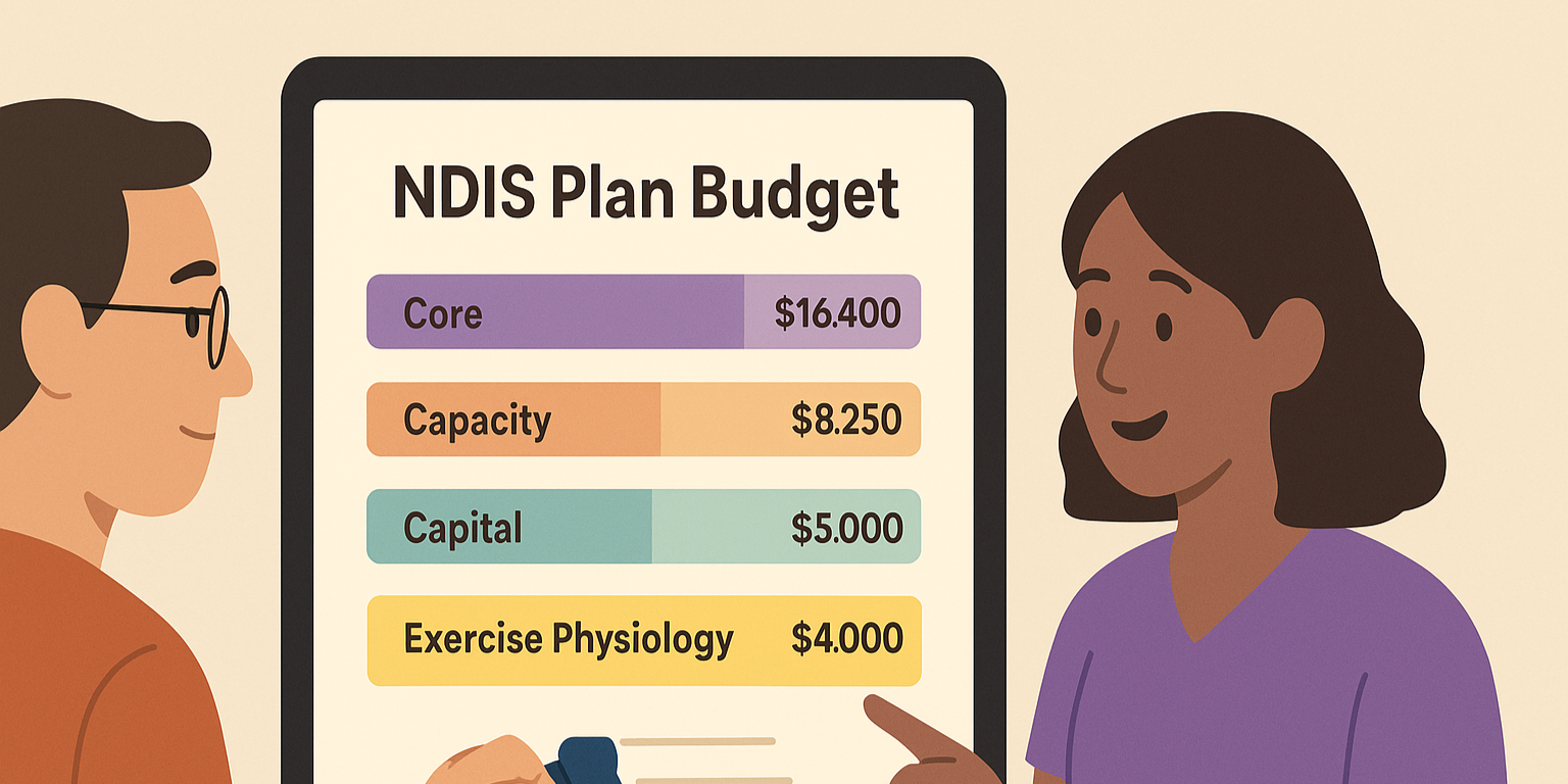 Tablet showing NDIS plan budget with an ‘Exercise Physiology’ allocation while parent and EP review together.
