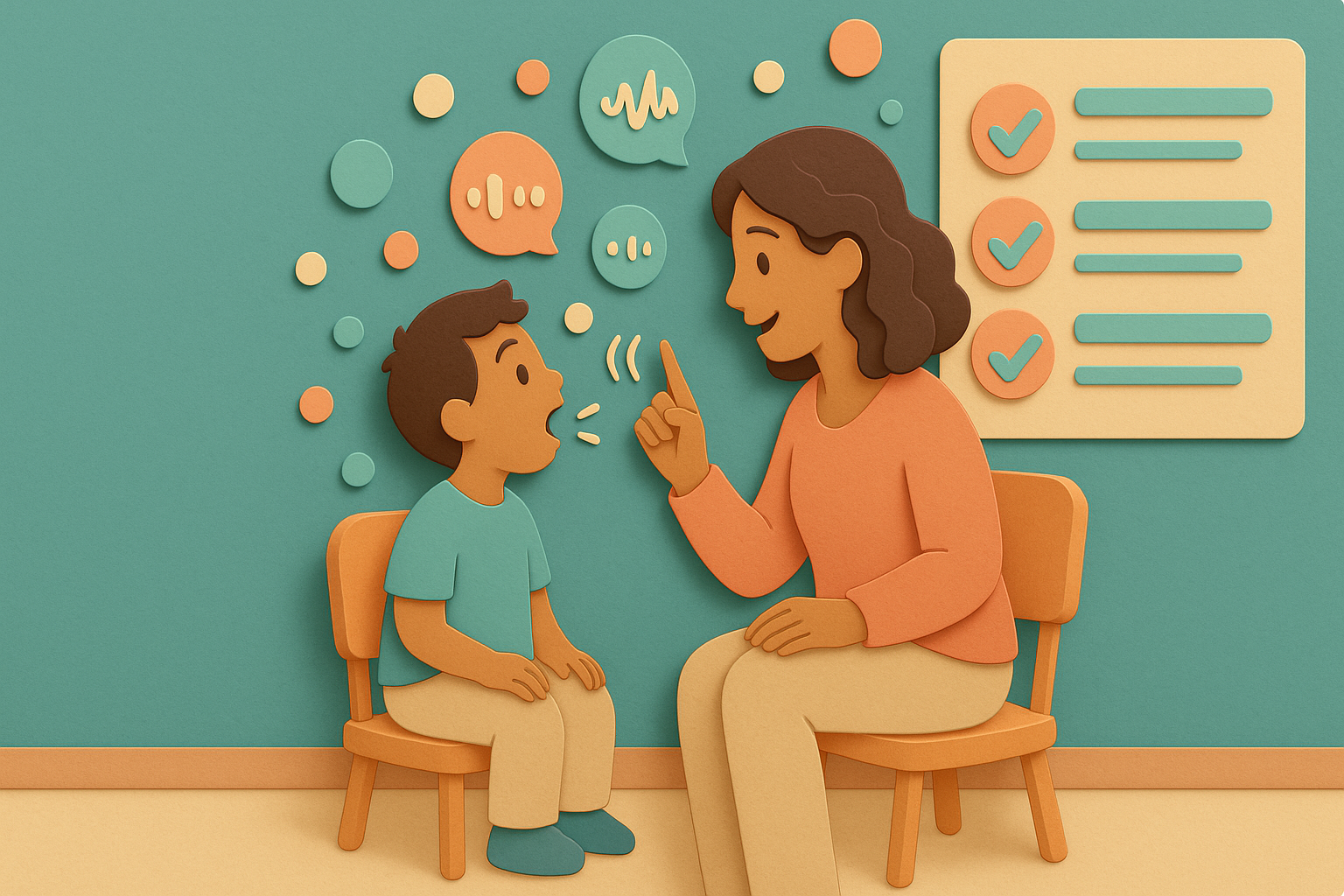 Cozy classroom where a child practices sounds with a therapist; floating sound icons and a chart with check marks—NDIS stuttering therapy progress.